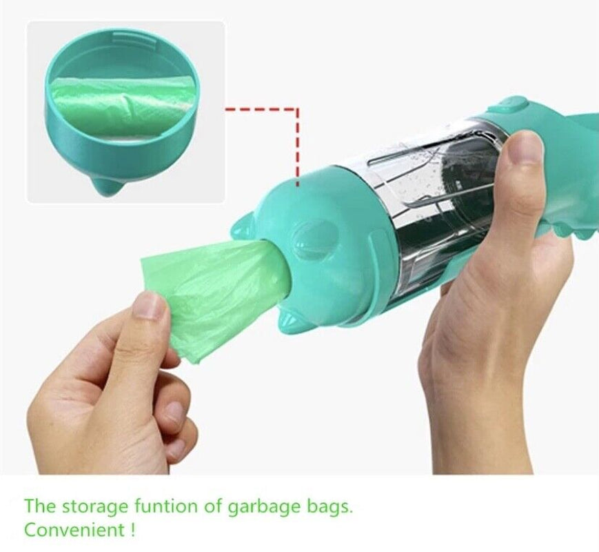 Portable Dog Water Bottle with Waste Bag Dispenser – Leak-Proof & Travel Friendly
