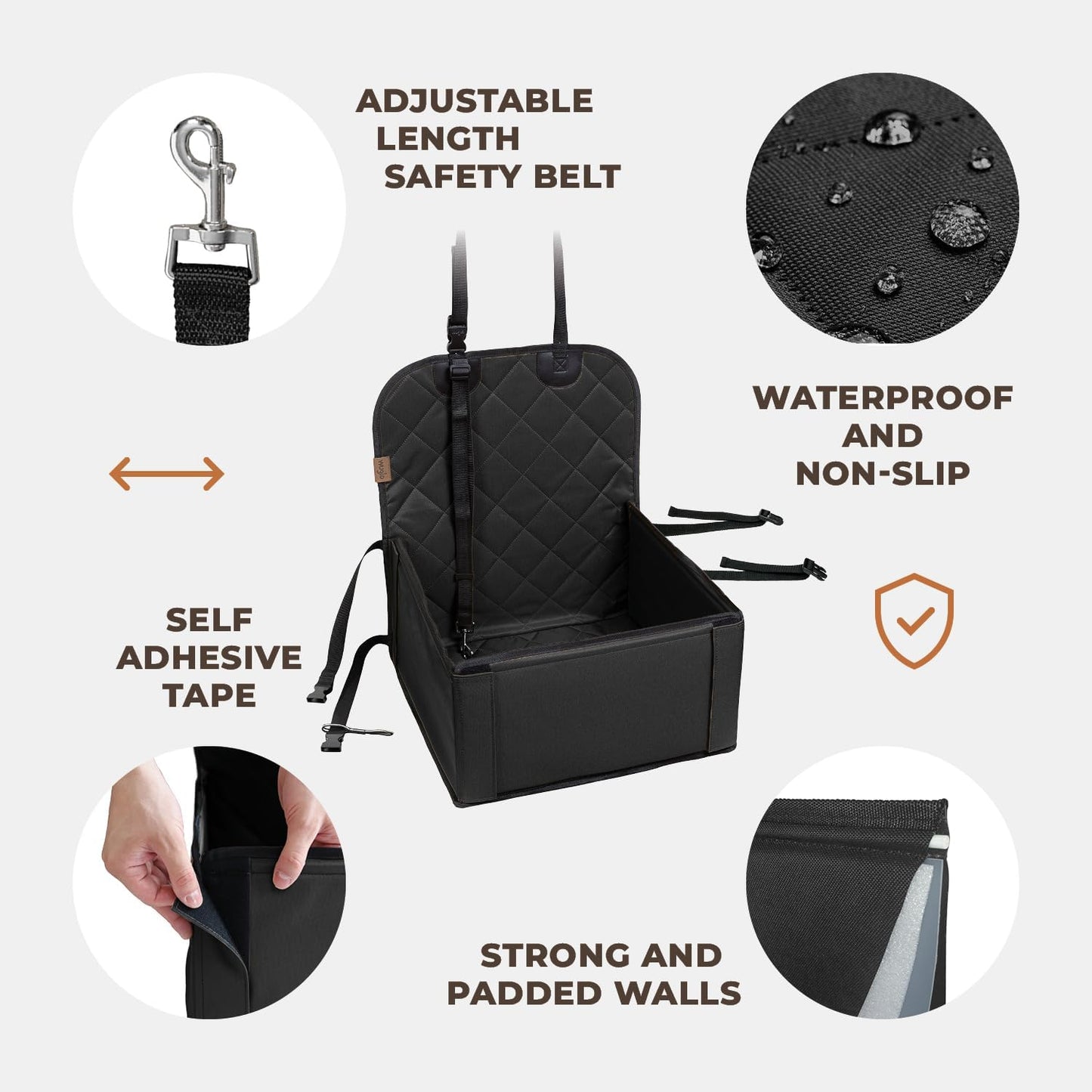 Extra Stable Dog Car Seat - Robust Car Dog Seat or Puppy Car Seat for Small to Medium-Sized Dogs - Reinforced Walls and 3 Belts - Waterproof Pet Car Seat for Back and Front Seat (Black)